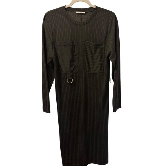 Zara Basic Black Pinstripe Long Sleeve Dress With Pockets Sz S Dress - Picture 2 of 12